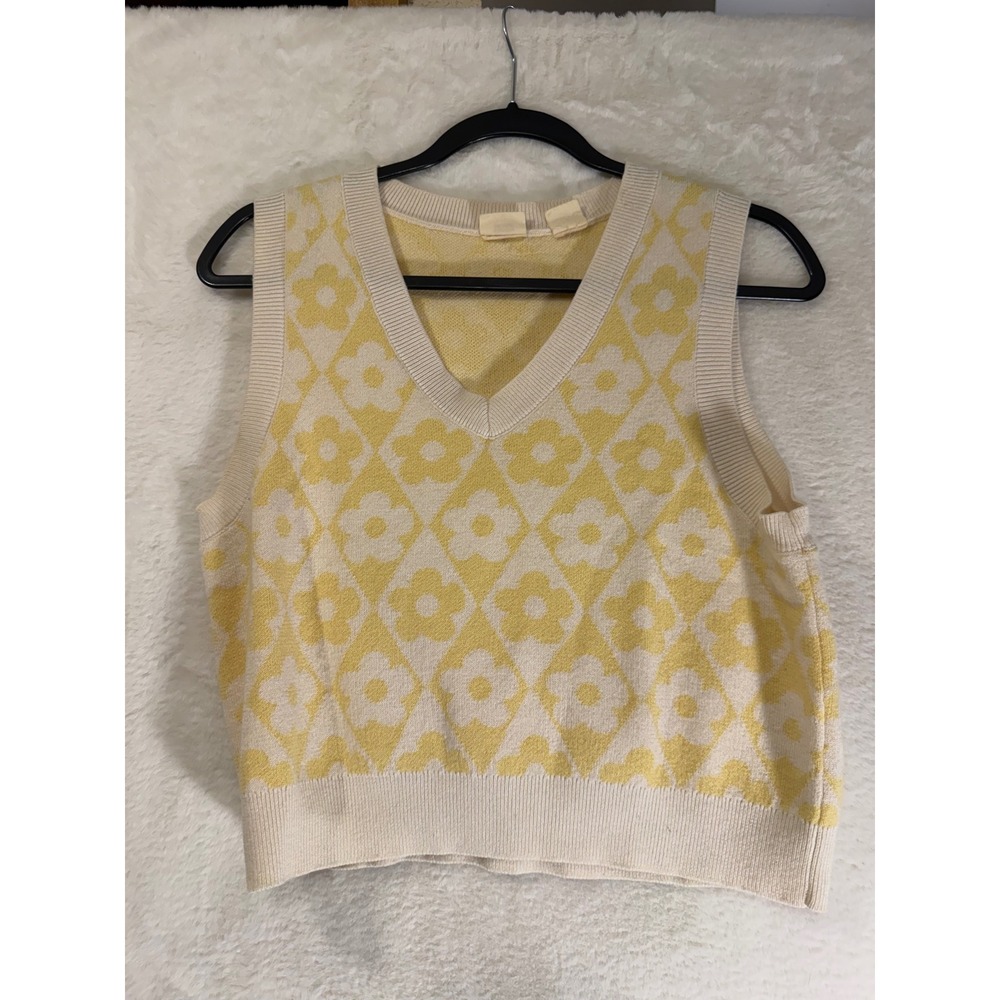 Levis Womens Yellow Cream Floral Argyle Knit‎ Sweater Vest V-Neck Wool Blend M